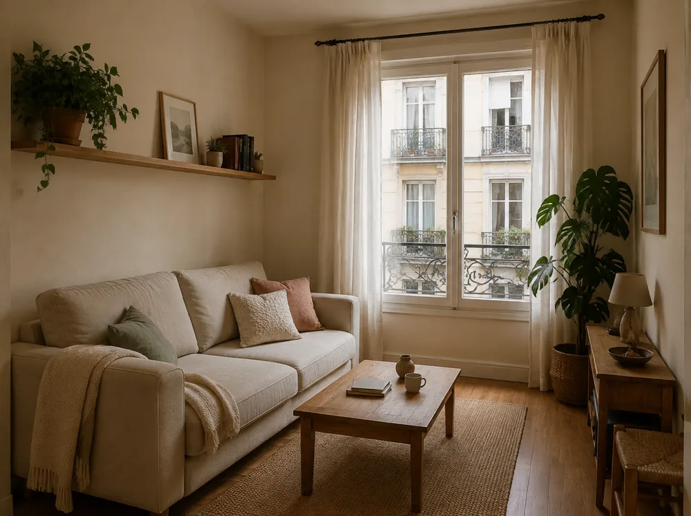 Salón de un piso urbano, con suelo de madera y luz natural